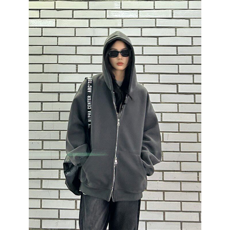 椰子树来了春秋美式重磅松弛感双拉链连帽开衫卫衣情侣宽松外套