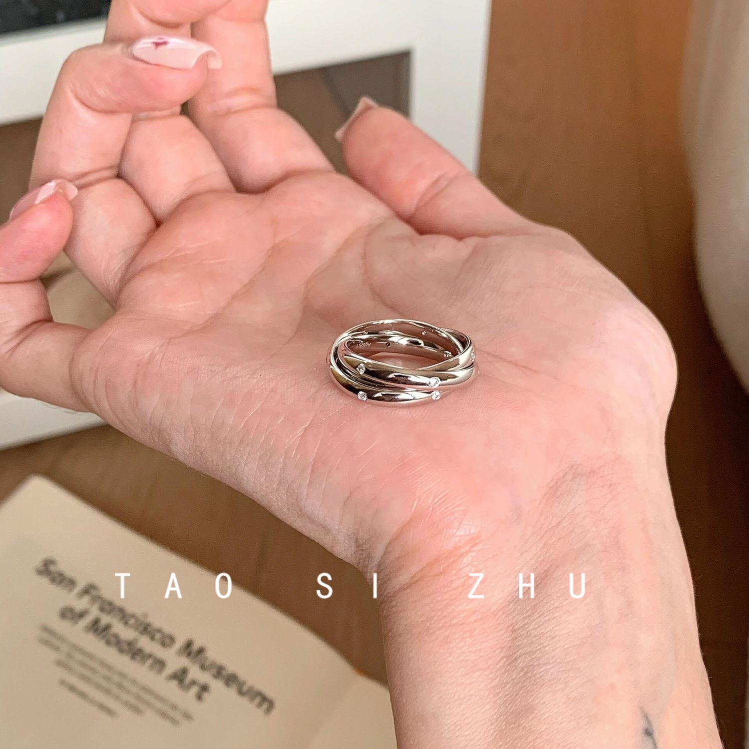 饰柿如意S999纯银复古镶钻食指女