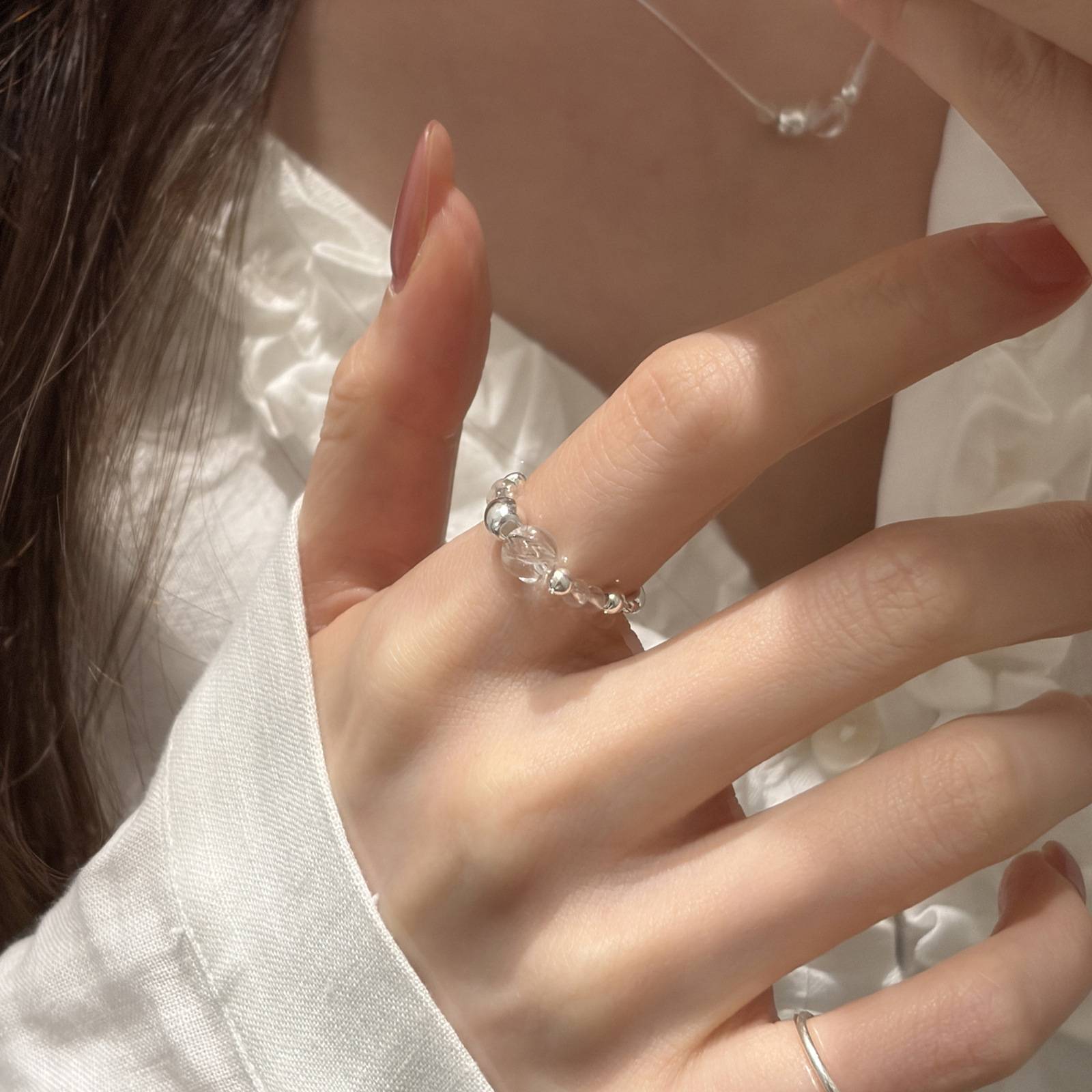 饰柿如意S999纯银波浪白水晶女戒