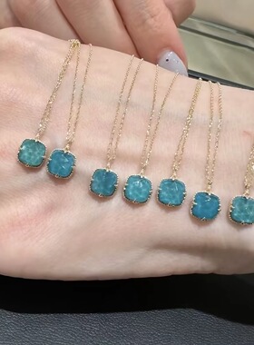 日系同款天然水晶绿松石方形耳钉s925纯银项链戒指套装蓝色锁骨链