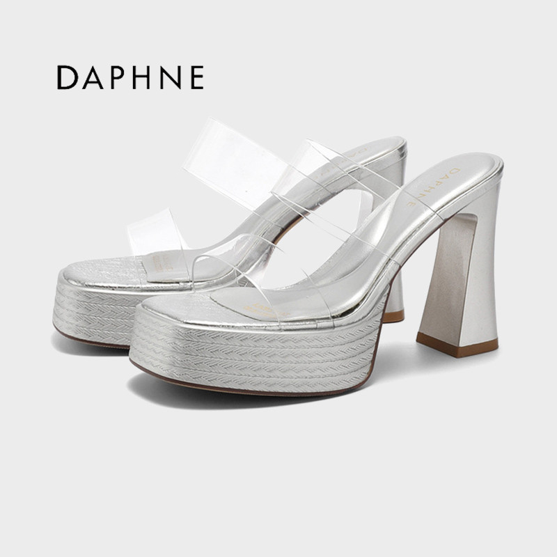 Daphne/达芙妮透明高跟凉鞋女外穿一字带粗跟厚底防水台气质凉鞋