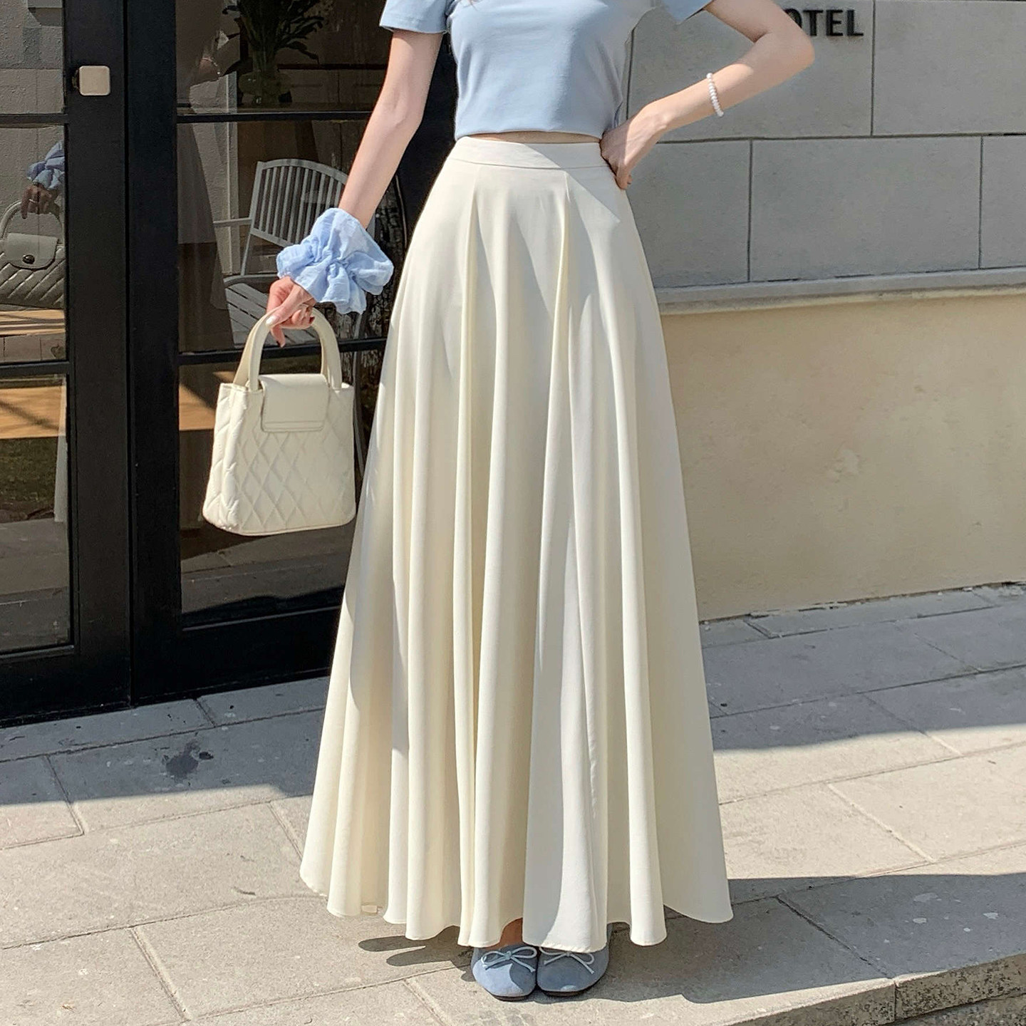 实拍夏季法式荷叶边高腰垂感半身裙女纯色气质休闲通勤a字中长裙