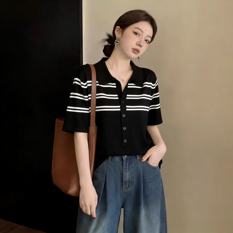 黑色polo领正肩条纹短袖T恤女2026新款夏季大尺码胖mm遮肚显瘦上