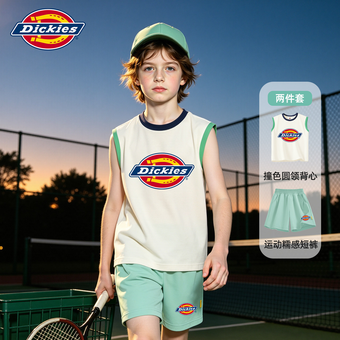 Dickies男童夏套装2026新款小男孩白色薄款无袖背心儿童短裤夏装