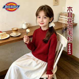 Dickies女童红色毛衣秋冬款2026新款儿童毛衫保暖百搭小女孩秋装