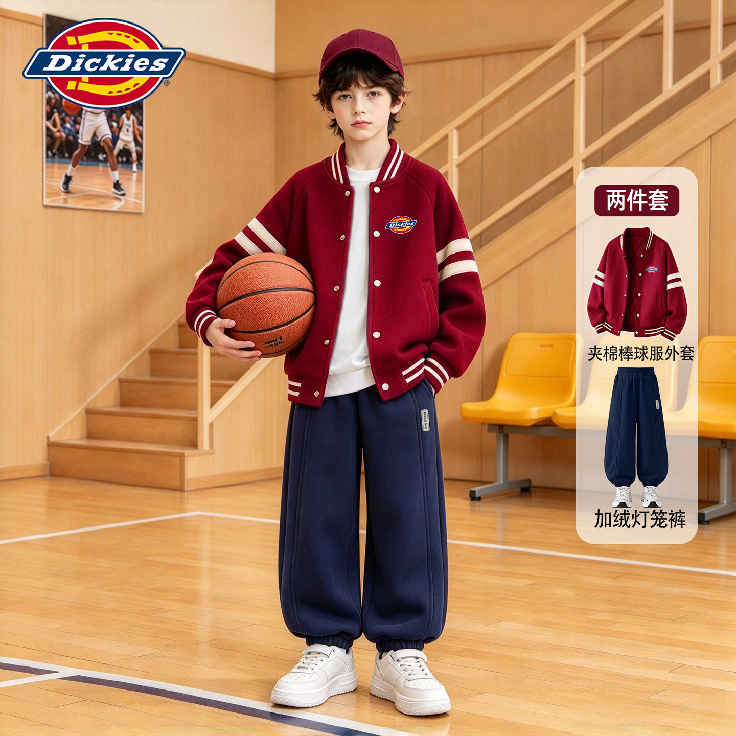 Dickies男童冬季套装2026新款儿童棒球服外套冬装男孩加绒运动裤