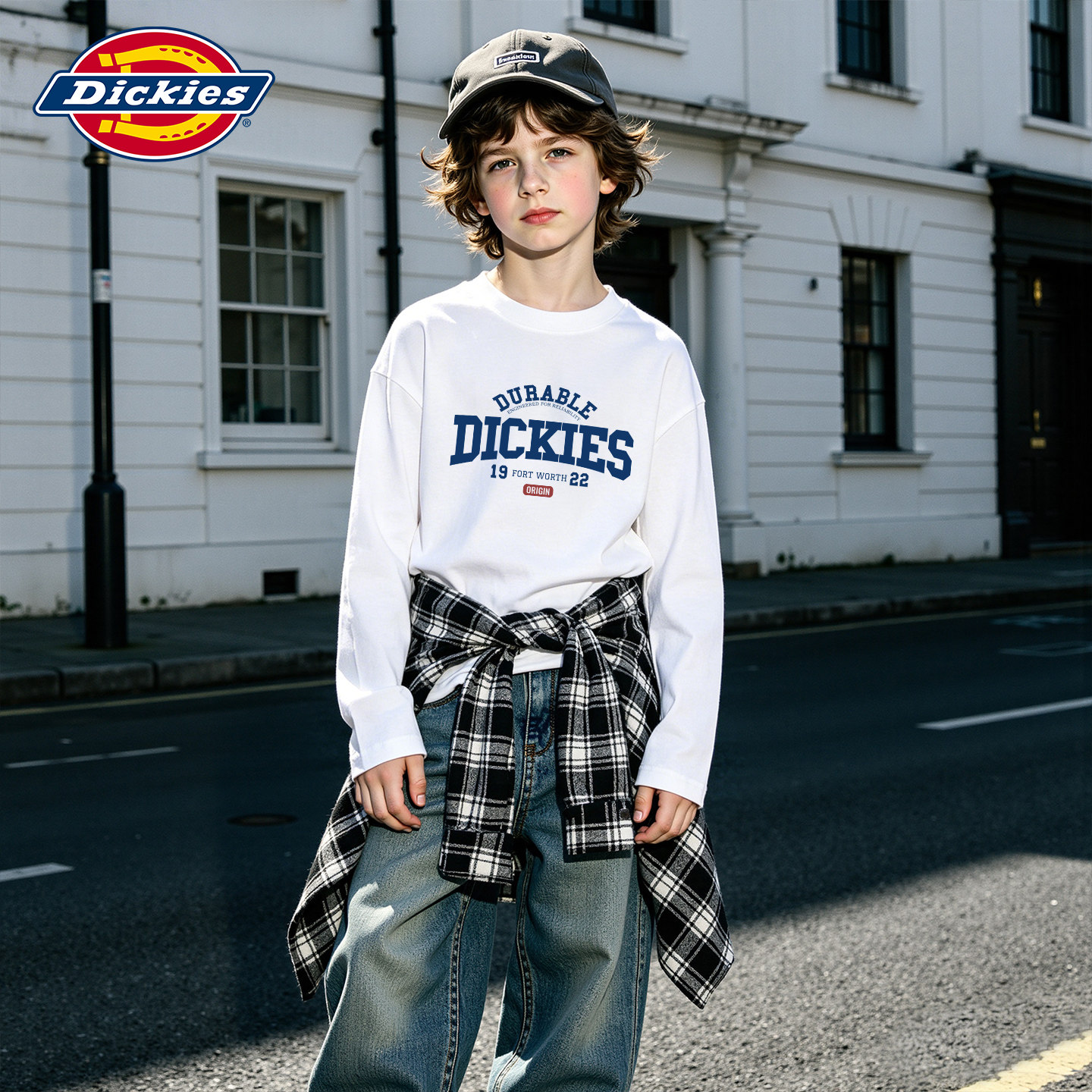 Dickies儿童长袖t恤秋季2026新款男孩打底衫纯棉白色上衣男童秋装