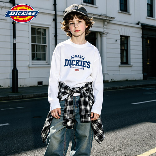 Dickies儿童长袖t恤秋季2026新款男孩打底衫纯棉白色上衣男童秋装