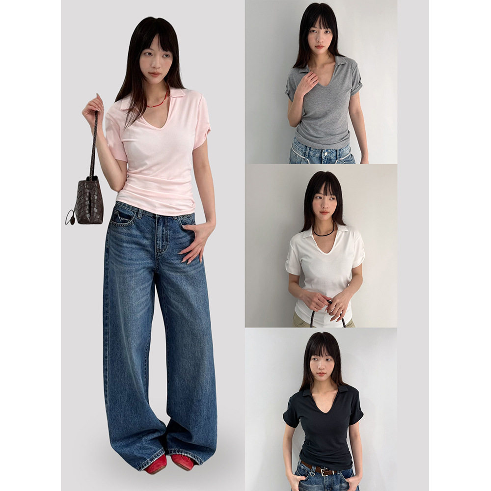 百搭款白色翻领短袖T恤女生2026夏季新款简约休闲上衣