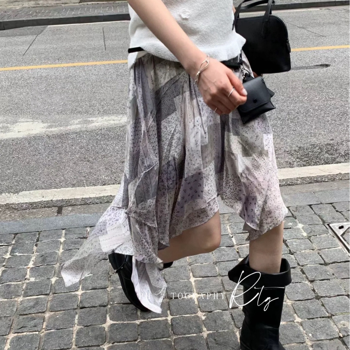 Rtg Clothing新款设计师小众原单百搭碎花不规则下摆飘逸风半身裙