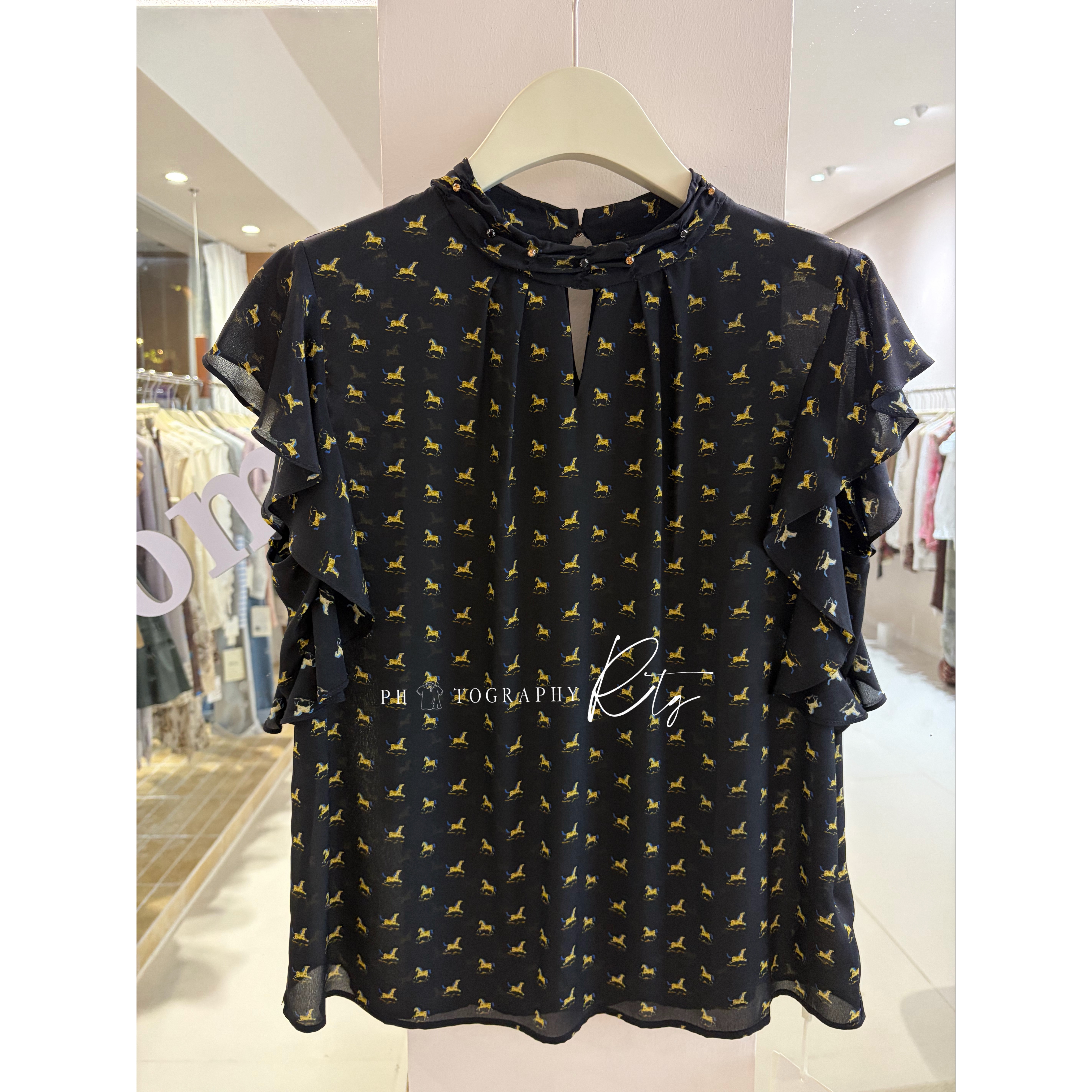 Rtg Clothing新款小众品牌原单正品印花马荷叶边真丝短袖上衣