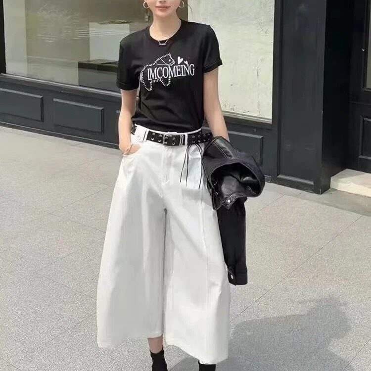 春夏女高腰显瘦八分阔腿工装裤