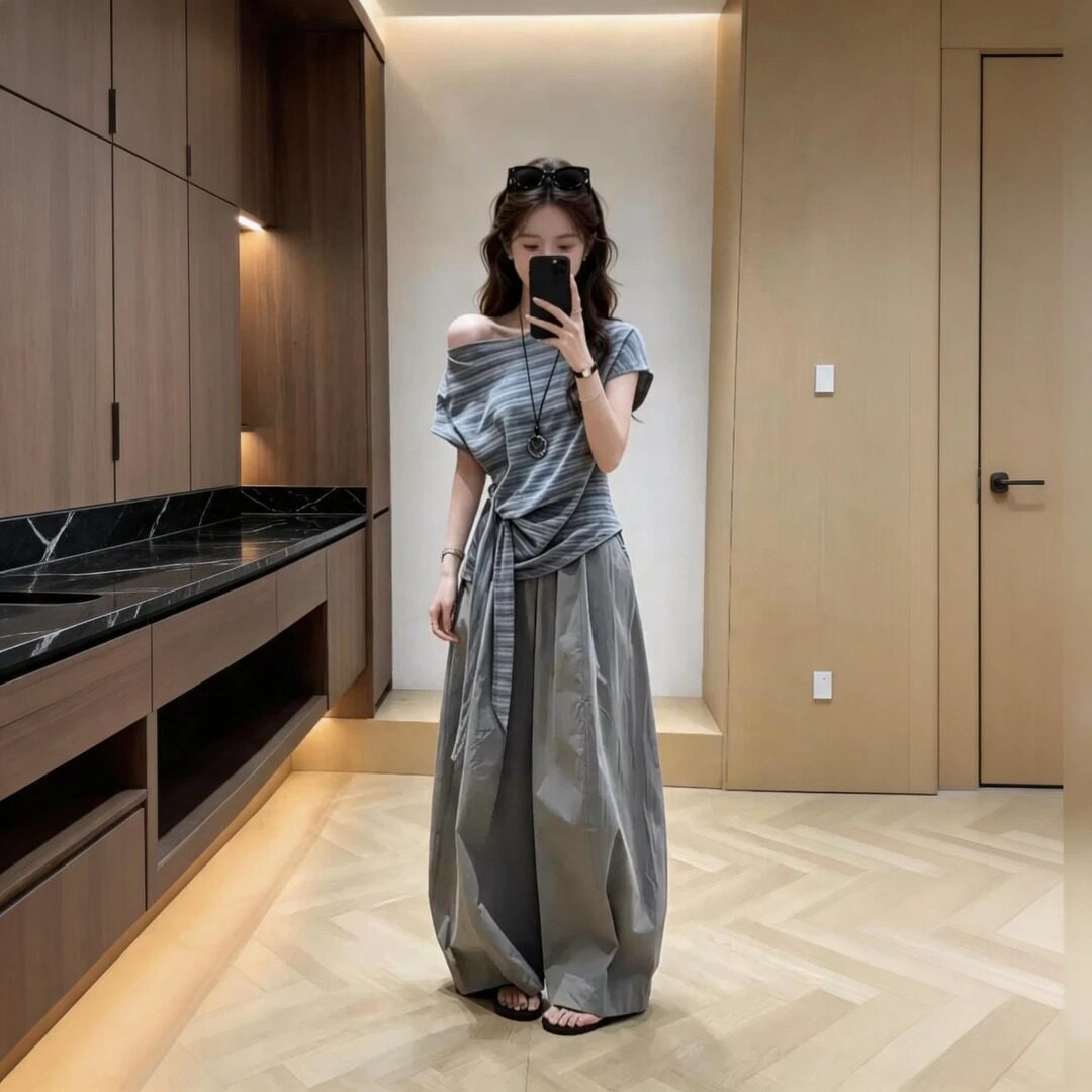夏季韩系露肩条纹上衣裤子套装