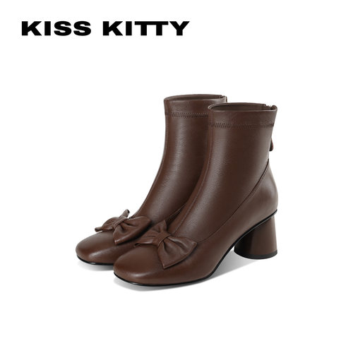 KISSKITTY蝴蝶结方头粗跟短靴