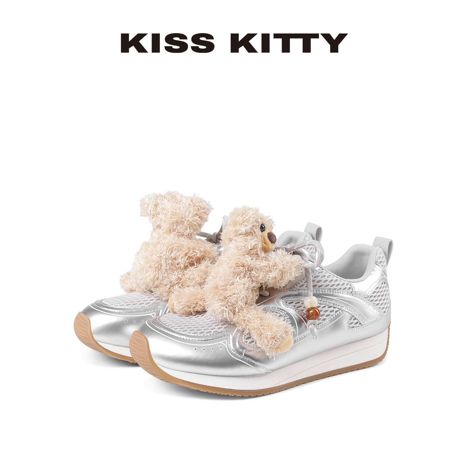 KISSKITTY银色毛绒德训鞋女厚底休闲运动鞋可爱小熊毛绒少女装饰