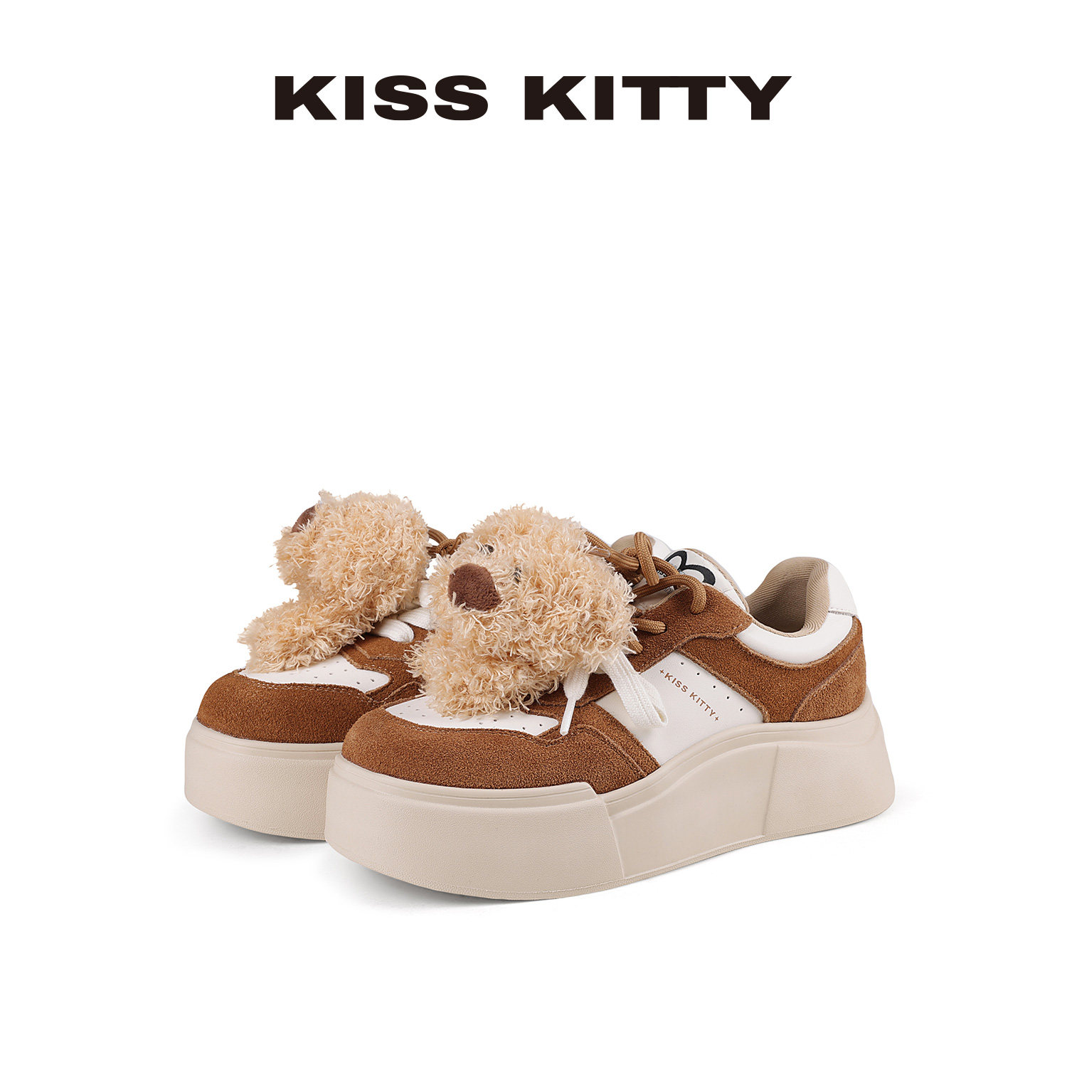 KISSKITTY甜美风卡通小熊厚底板鞋女增高休闲鞋萌宠系带绒面女鞋