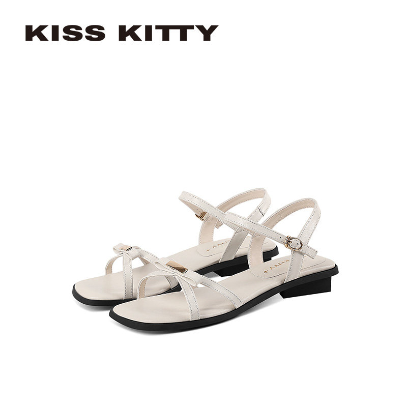 KISSKITTY法式一字带凉鞋女夏粗跟交叉带百搭女士芭蕾风不累脚