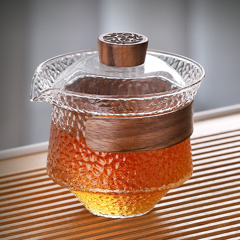 耐高温加厚玻璃盖碗泡茶杯家用耐热锤纹过滤茶碗高档办公功夫茶具