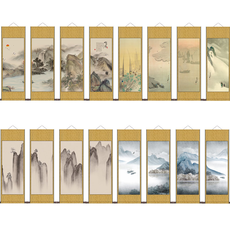 禅意简约四条屏装饰画山水画国画山水情丝绢卷轴挂画中式客厅竖幅