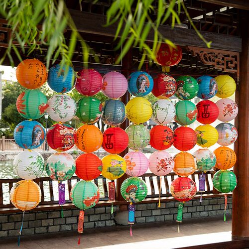 元宵节国风新年装饰古风折叠纸福灯笼猜灯谜商场喜庆场景氛围挂饰
