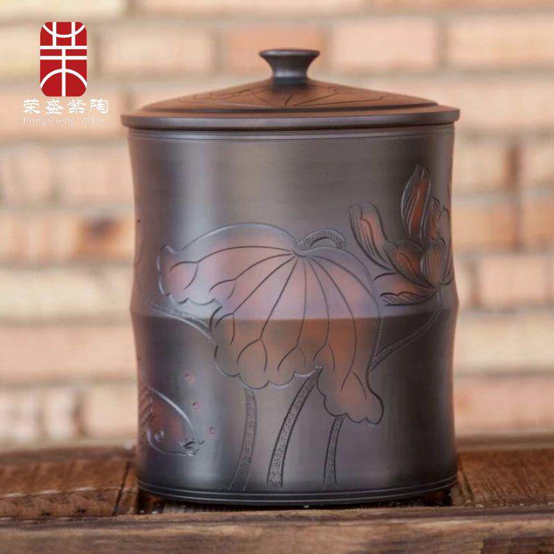 建水紫陶茶叶罐陶瓷茶罐10饼茶缸防潮防霉家用大号储普洱茶米缸桶