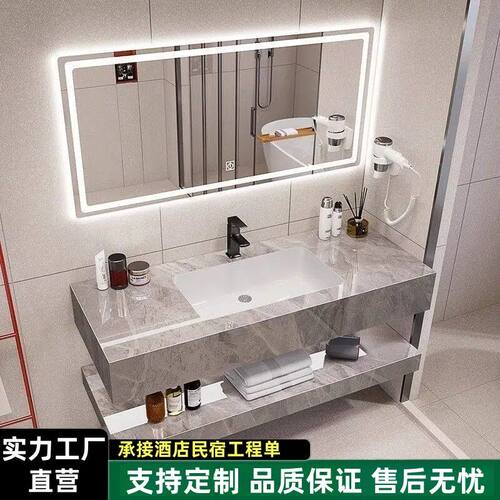 双层岩板无缝陶瓷浴室柜酒店民宿洗漱台洗脸池卫生间洗手台盆一体