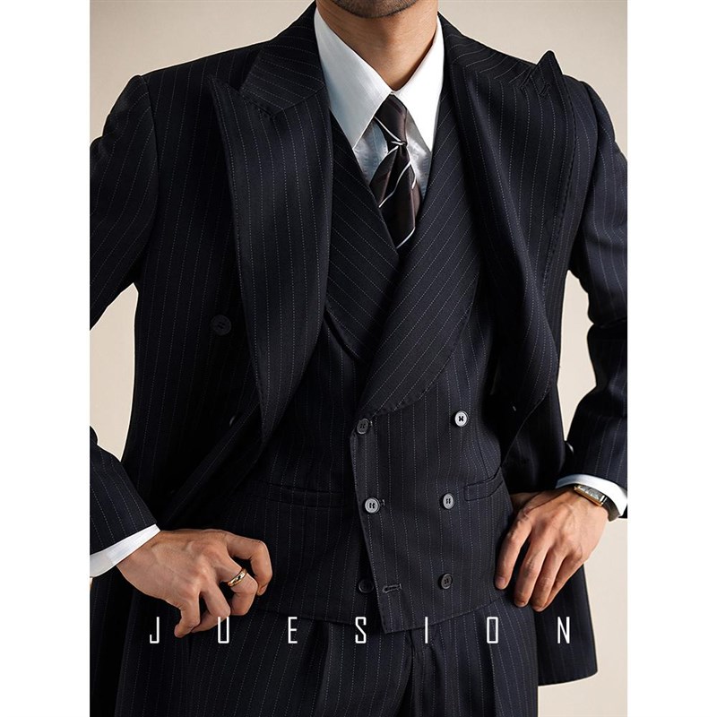 JUESION 意式条纹双排扣青果领西装马甲男士修身商务宴会礼服马夹