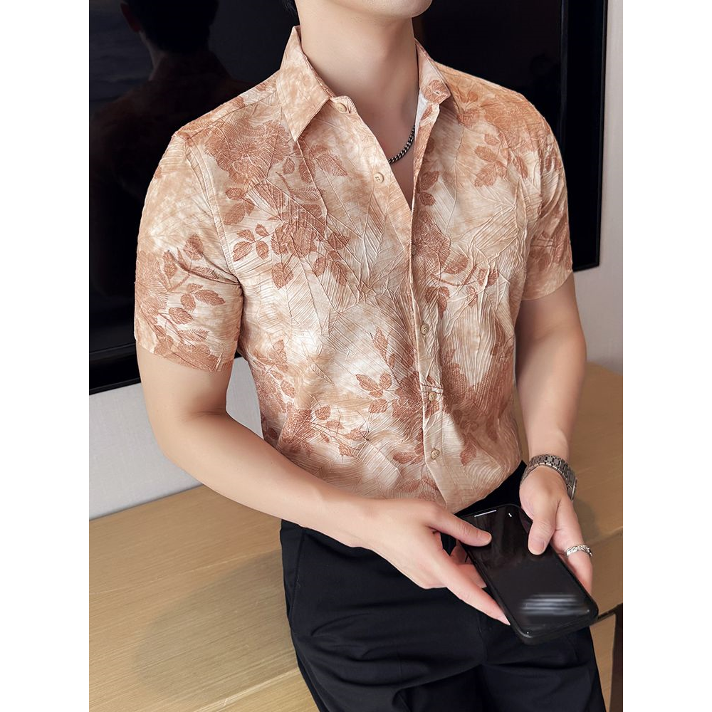 提花衬衫男士短袖夏季薄款2025新款潮牌男装高级感痞帅花衬衣男款