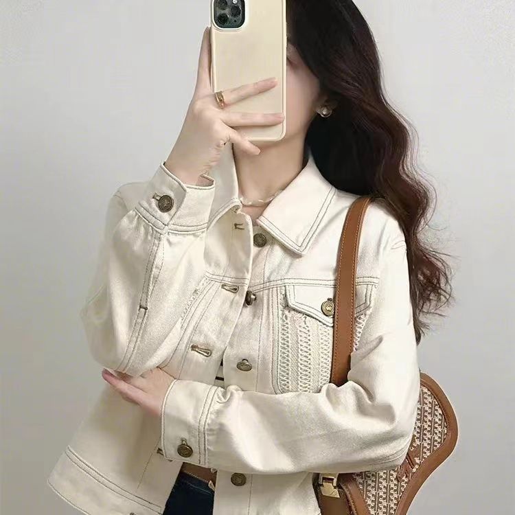 港风白色牛仔长袖外套女秋季高级感超好看小个子短款百搭夹克外套