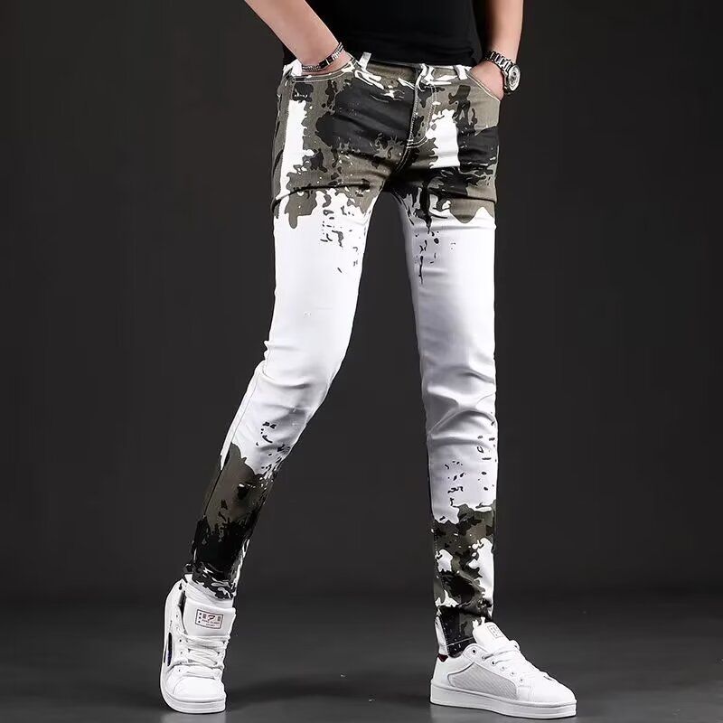 潮男白色迷彩休闲裤男款修身小脚时尚牛仔长裤男欧美潮牌男装裤子