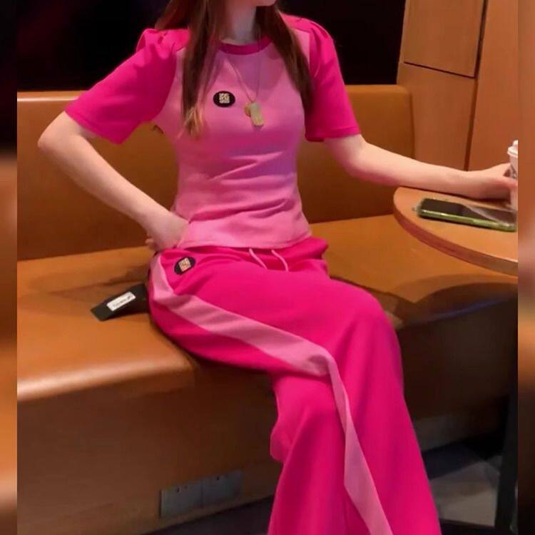 粉色休闲运动套装女高级感时尚洋气名媛气质小个子穿搭一整套潮