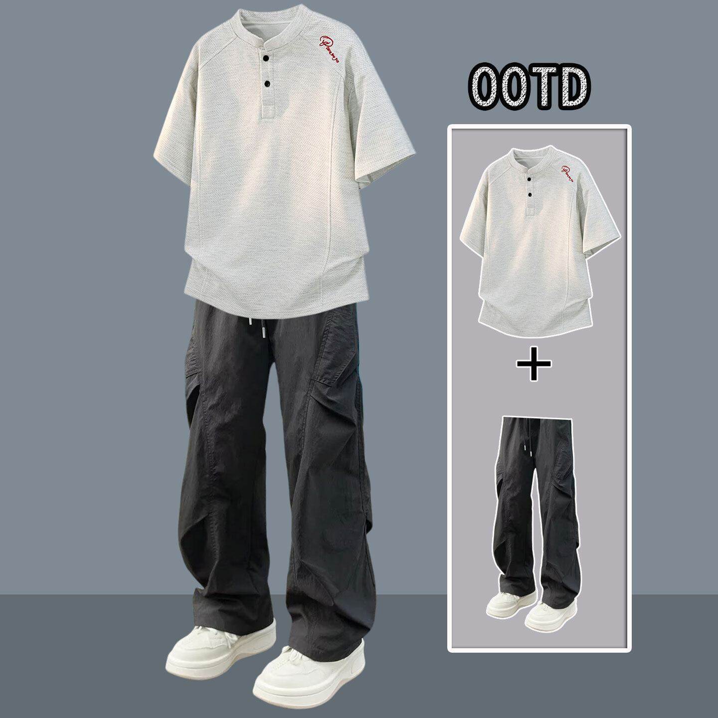 痞帅男士休闲套装夏季帅气一套搭配潮流亨利领t恤穿搭衣服两件套