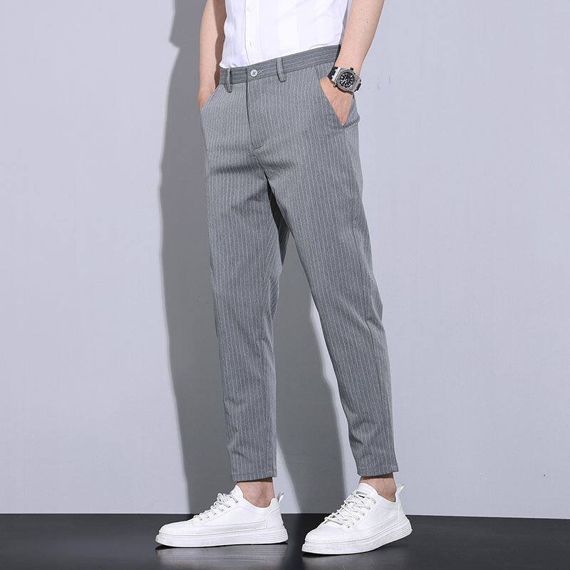 夏季薄款条纹九分休闲裤男英伦韩版修身小脚裤男冰丝帅气小西裤男