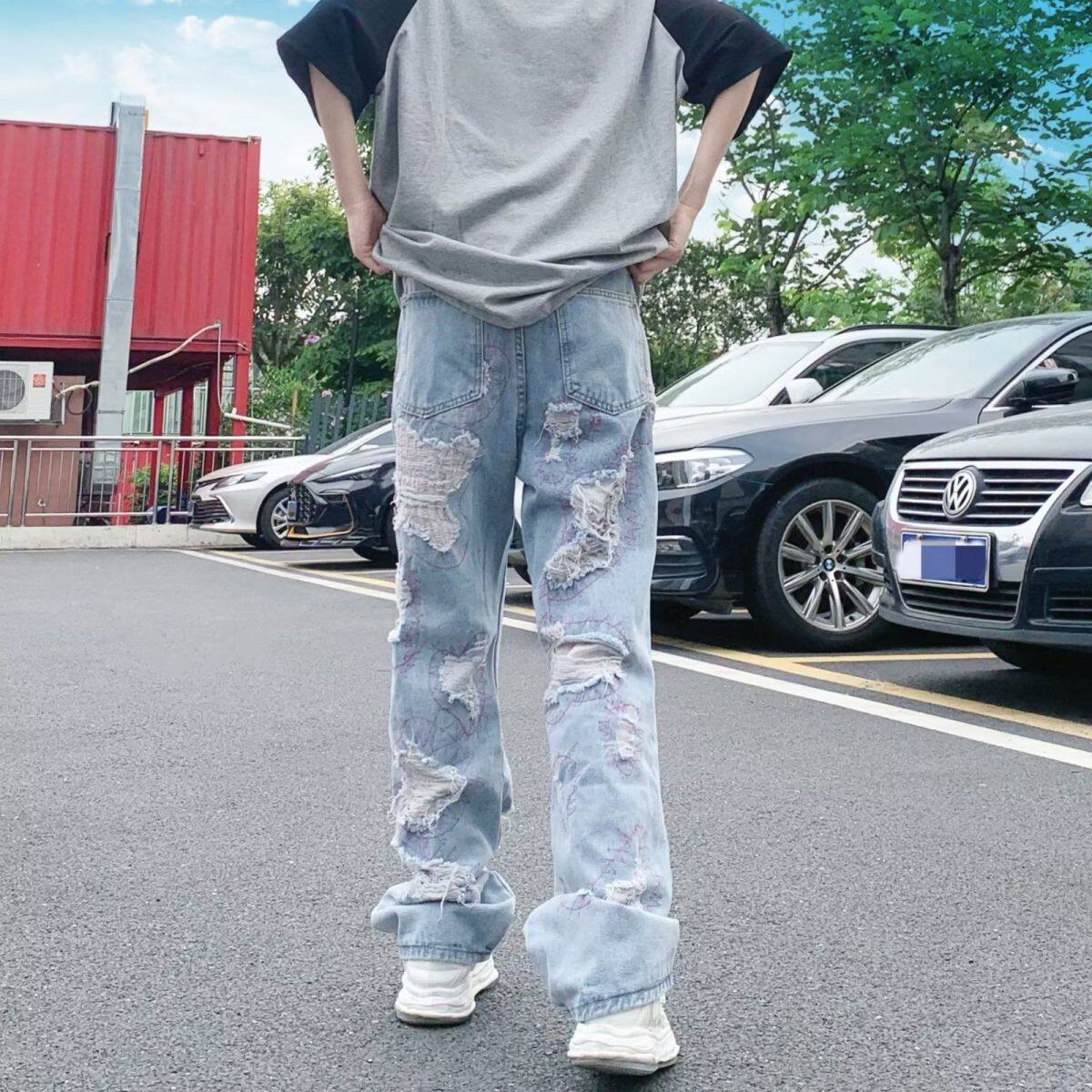 直筒牛仔裤男士夏季薄款美式潮牌复古宽松阔腿休闲长裤子男生春秋