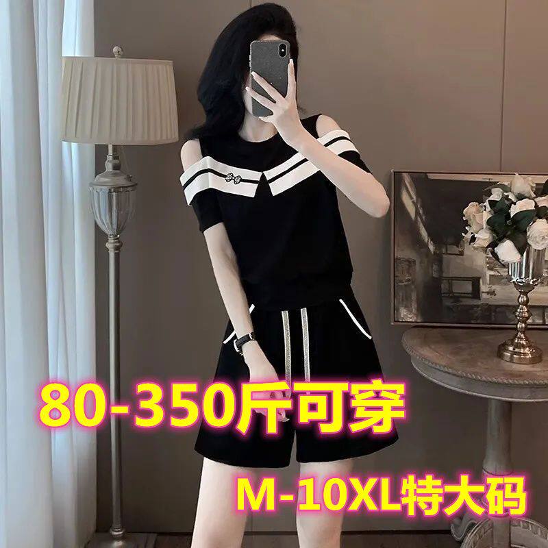 大码女装胖mm350斤设计感休闲服套装女夏天短袖运动服宽松两件套