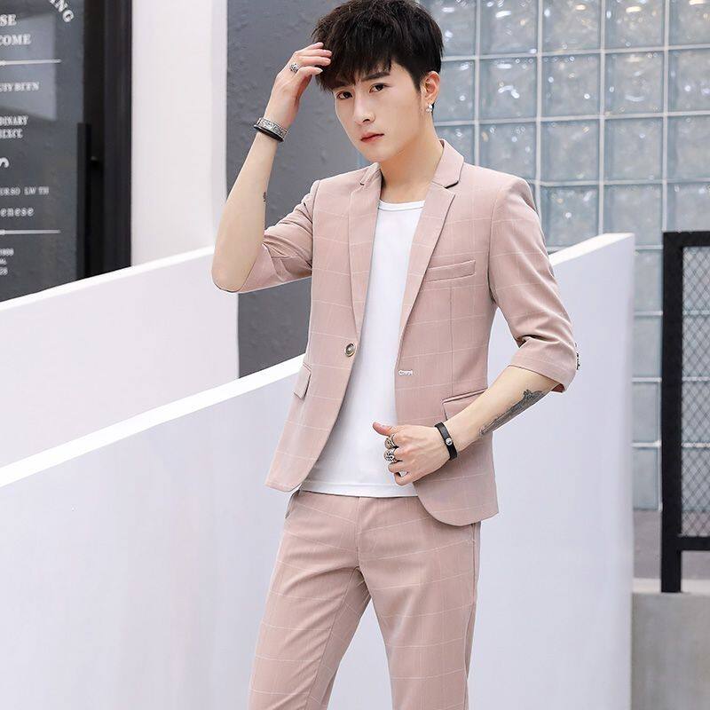 夏季新款西服套装男韩版修身百搭中袖小西服薄款休闲帅气一套装