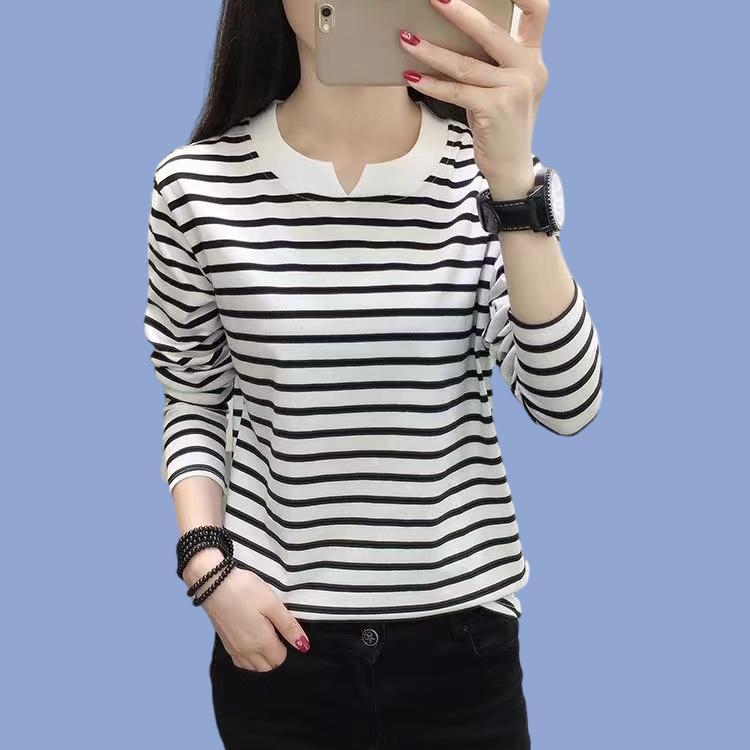 纯棉条纹长袖t恤女打底衫2023春秋中年妈妈装大码宽松外穿上衣服