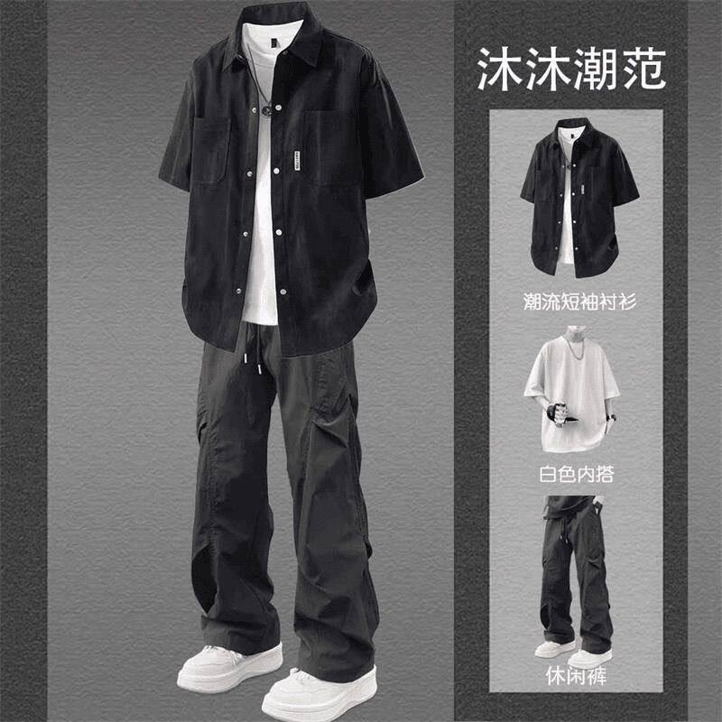 青少年工装裤夏季男士休闲男装帅气潮牌一套衬衫短袖搭配套装痞帅
