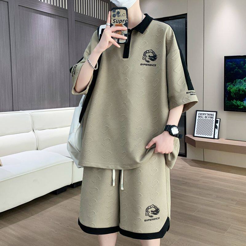 男士polo衫套装七分袖短裤一套夏季青少年翻领t恤宽松两件套1/2
