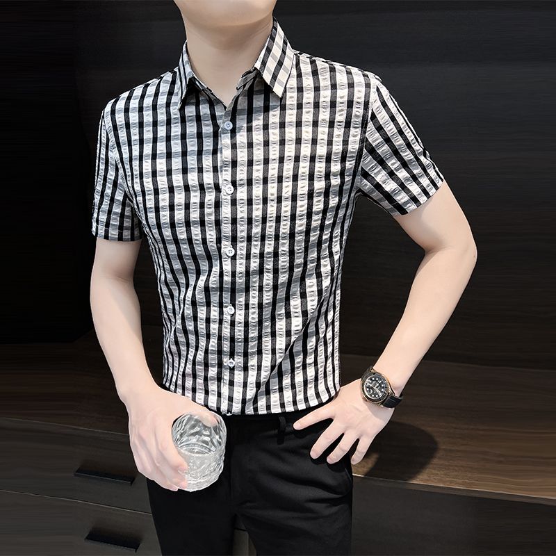 男士格子衬衫短袖夏季薄款2024新款痞帅高级感男装泡泡纱衬衣男款