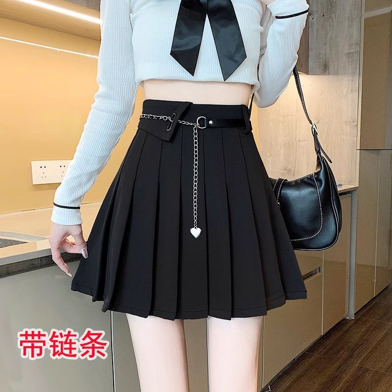 腰带百褶裙女小众设计感短款小个子春秋A字高腰带链条黑色半身裙