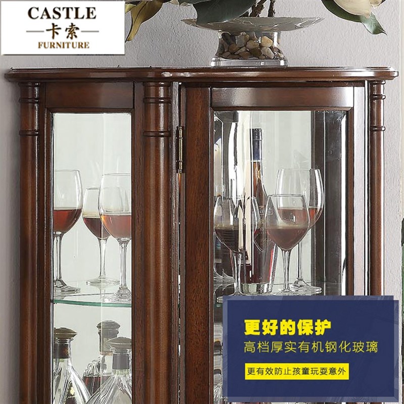 美式酒柜靠墙客厅转角矮酒柜实木玻璃门展示柜欧式红酒复古陈列柜