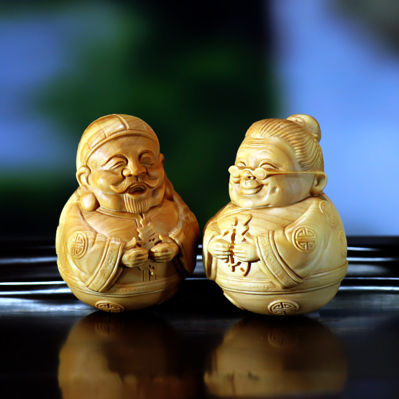 黄杨木雕老公公老婆婆手把件人物家居装饰品结婚生日做寿礼物摆件