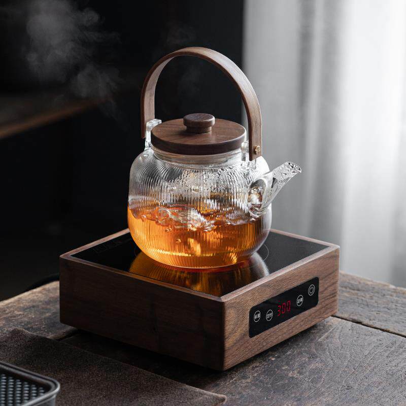 胡桃木智能电陶炉+煮茶玻璃壶迷你小型电热磁炉+煮茶器花茶烧水壶