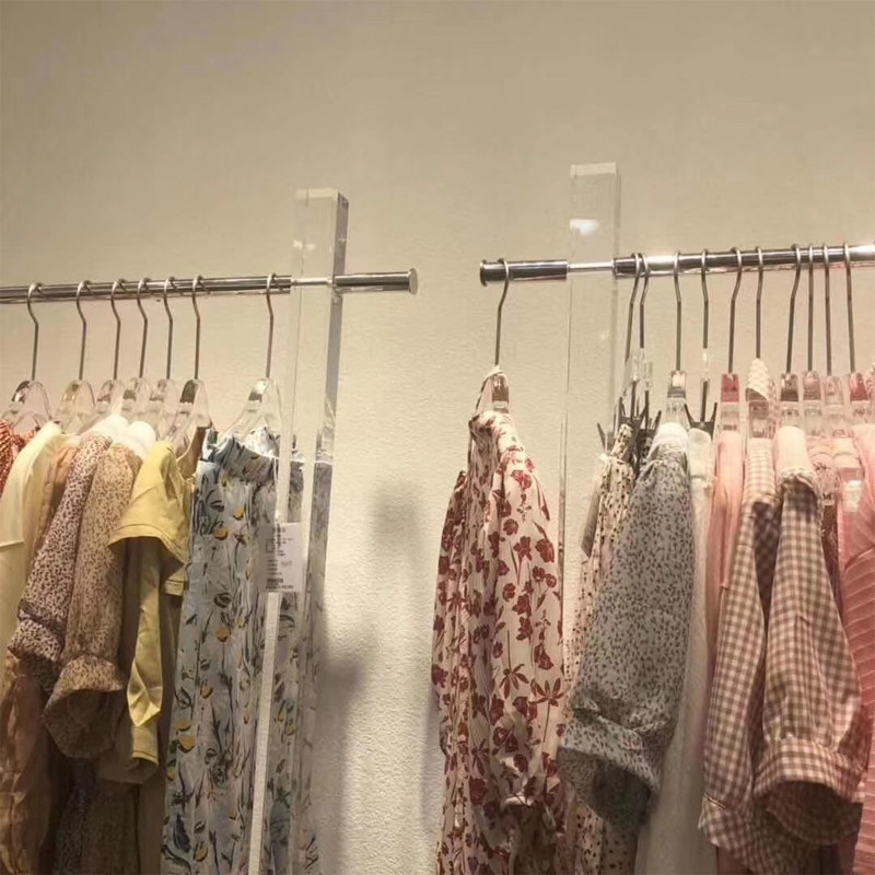 服装店陈列架女装店落地式透明亚克力水晶正挂不锈钢挂衣杆展示架