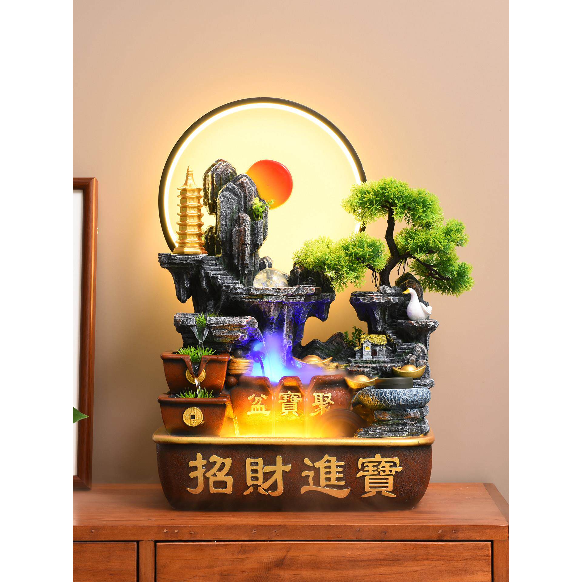 聚招财IUI进宝环流水摆件加湿喷景观风水轮宝盆循办泉公室桌面装
