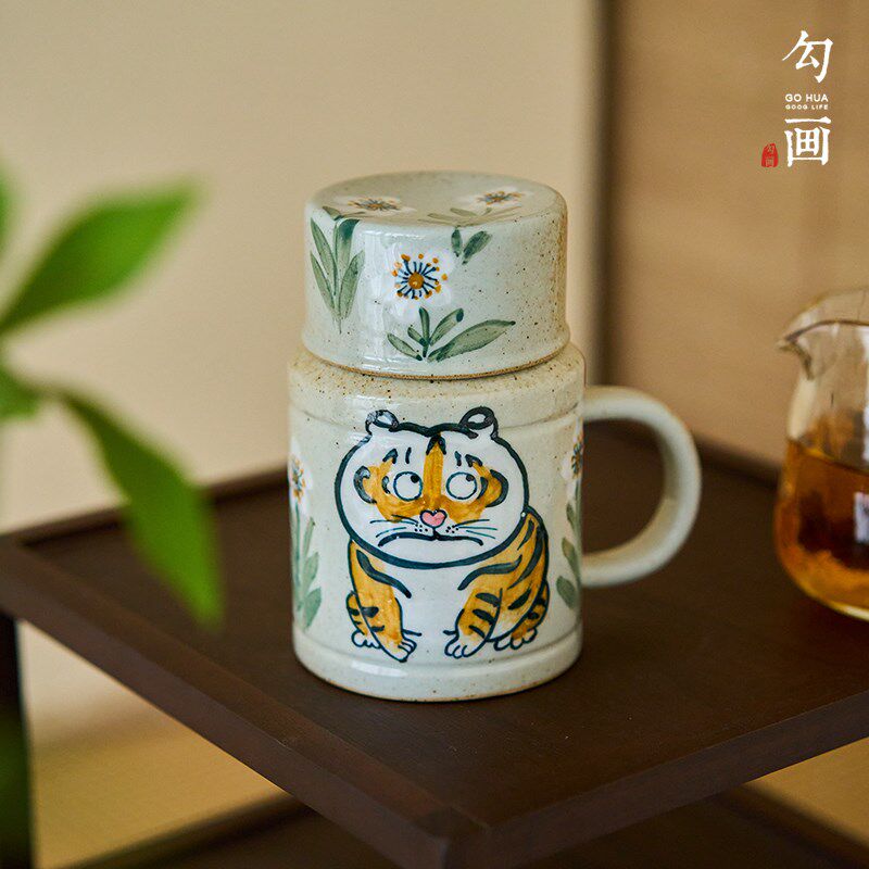 手绘胖虎陶瓷马克杯带盖复古办公室粗陶杯子创意夏日凉水壶带水杯