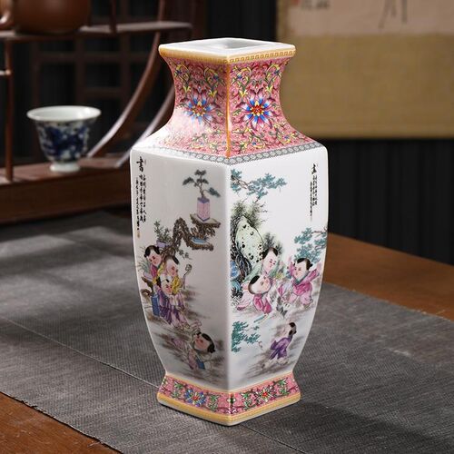 景德镇陶瓷器仿古粉彩童子四方花瓶家居客厅电视柜玄关摆件装饰品