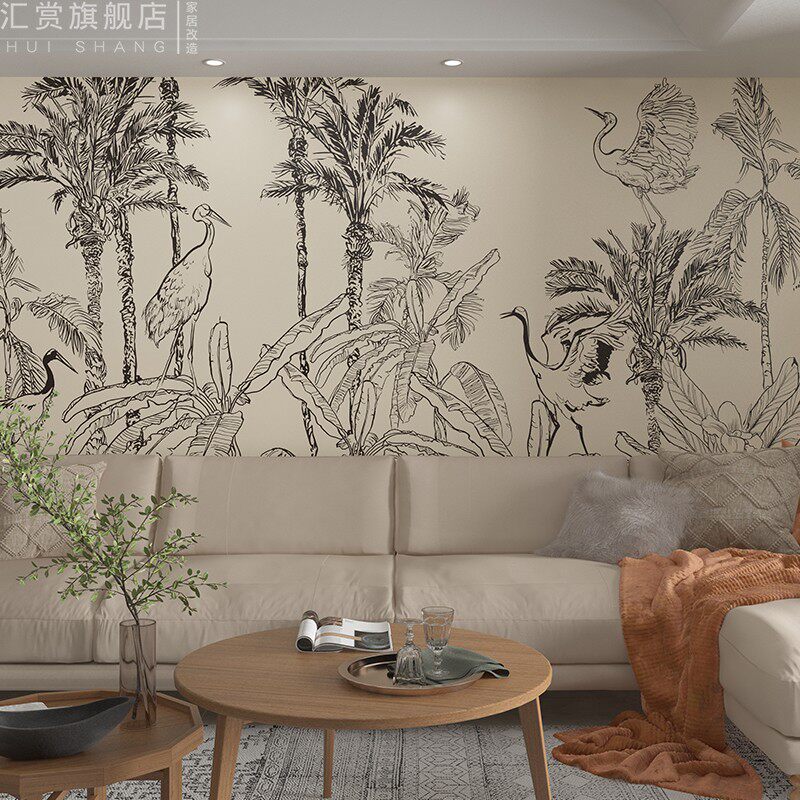 法式中古自粘壁画屏风改造贴纸客厅背景墙纸动物丛林壁纸虎嗅蔷薇