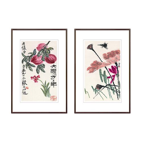 新中式玄关装饰画餐厅壁画客厅挂画齐白石福寿双全国画花鸟画字画